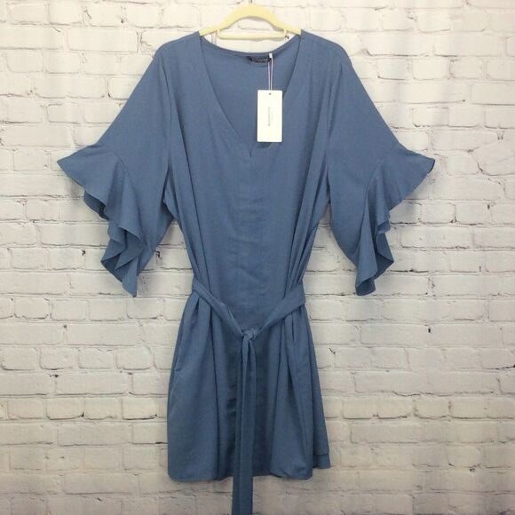 Bloomchic Shift Dress Women's Plus Size 22/24 Blue Belted Pockets Ruffle Sleeves - Picture 3 of 12